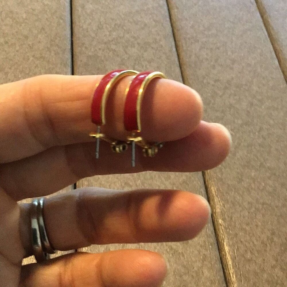 Earrings, Vintage Red and Gold Hoop Earrings, Monet